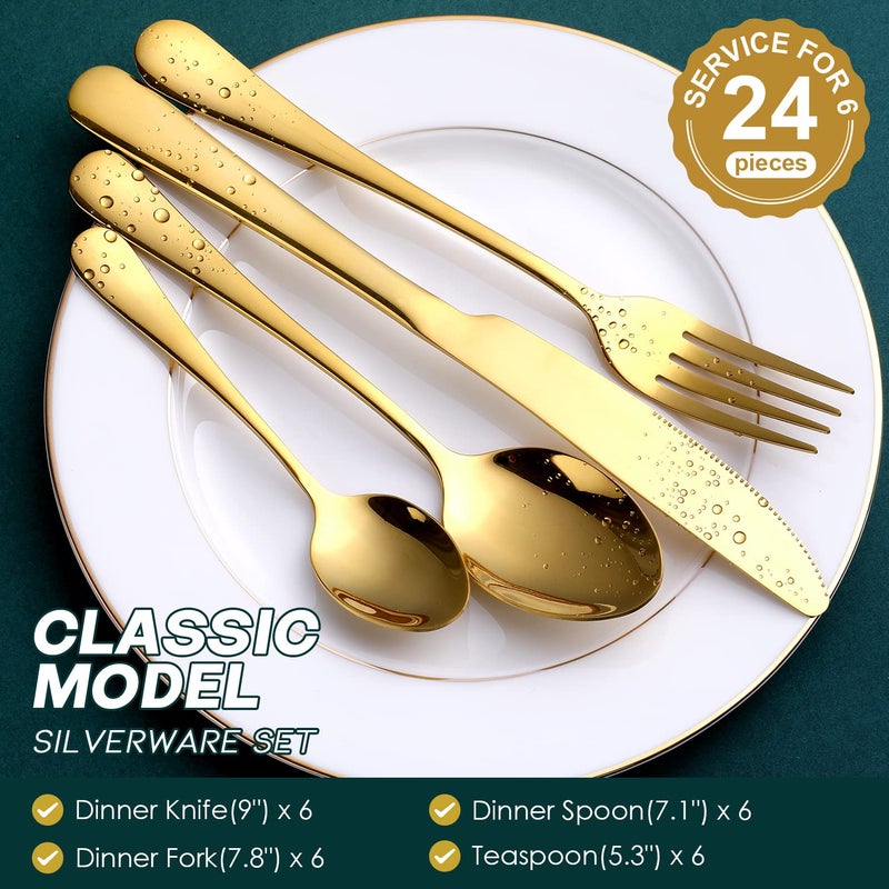 OGORI Gold Silverware Set, OGORI 24-Piece Gold Forged Stainless Steel Flatware Set, Service of 6 - Image 2